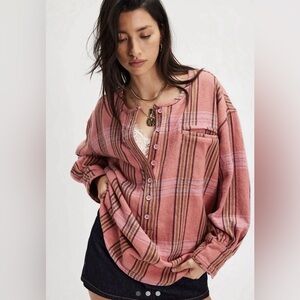 Free People Perfect In Plaid Pullover We The Free Heavy Cotton Pink Combo